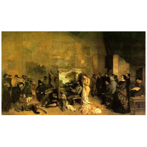 Courbet : L'atelier du peintre - Tout à droite, Baudelaire lit. A côté, une ombre…. huile sur toile, 1855, Musée d'Orsay. Jeanne figurait sur cette toile, mais Courbet l'a dissimulée sous une couche de peinture38. Ironiquement, le temps faisant son œuvre, cette couche de peinture s'est altérée et Jeanne est de nouveau visible près de son amant.